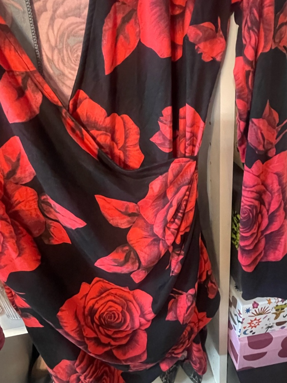 Fashion Nova Black Midi Dress with Red Rose Print